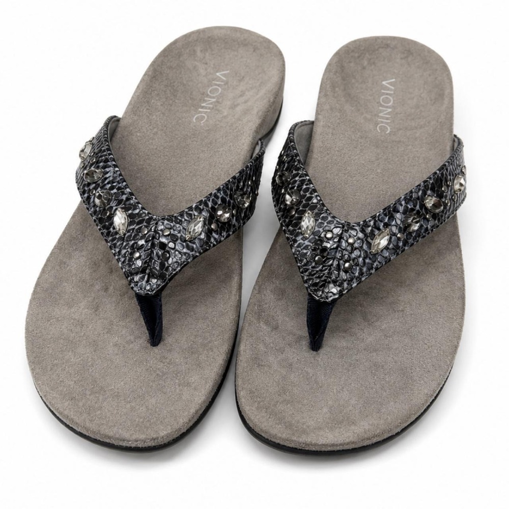 Vionic Jeweled Snake Print Orthopedic Flip Flop Sandals Women's Gray Comfort